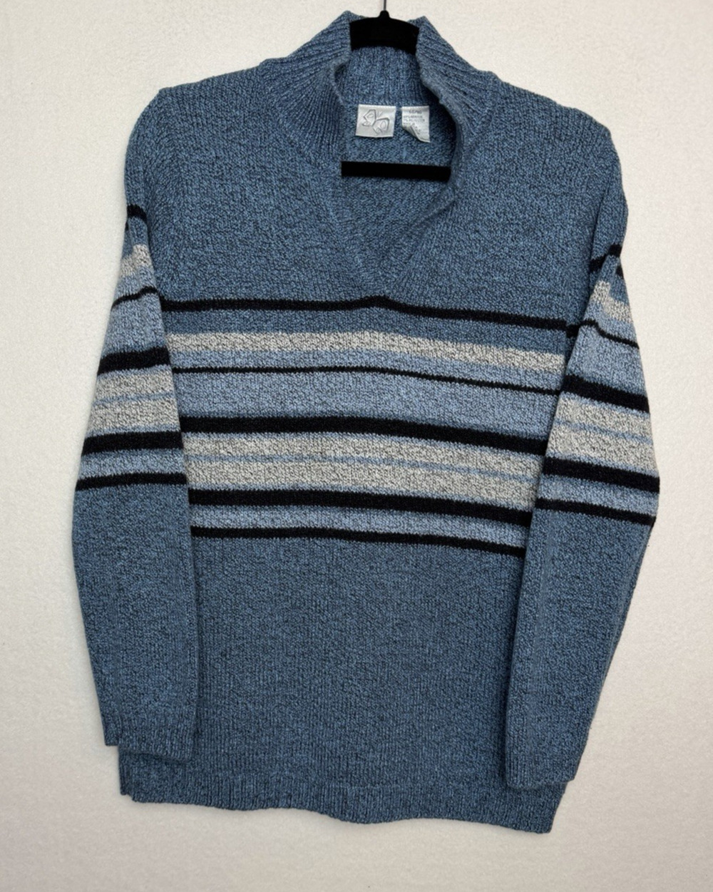 Vintage 80s Mock Neck Blue Striped Sweater Fashion Bug Size 14/16 V-Neck